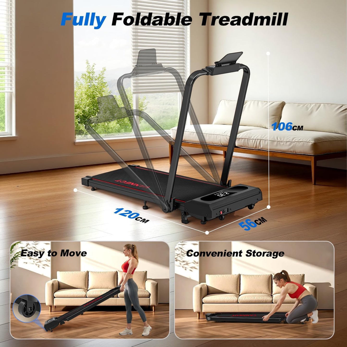 6 in 1 Folding Treadmill with 12KM/H, 9% Incline Walking Pad Foldable with APP, 2.75HP Under Desk Treadmills for Home Office, Running Machine Portable with Magnetic Remote Control, 350LBS Weight