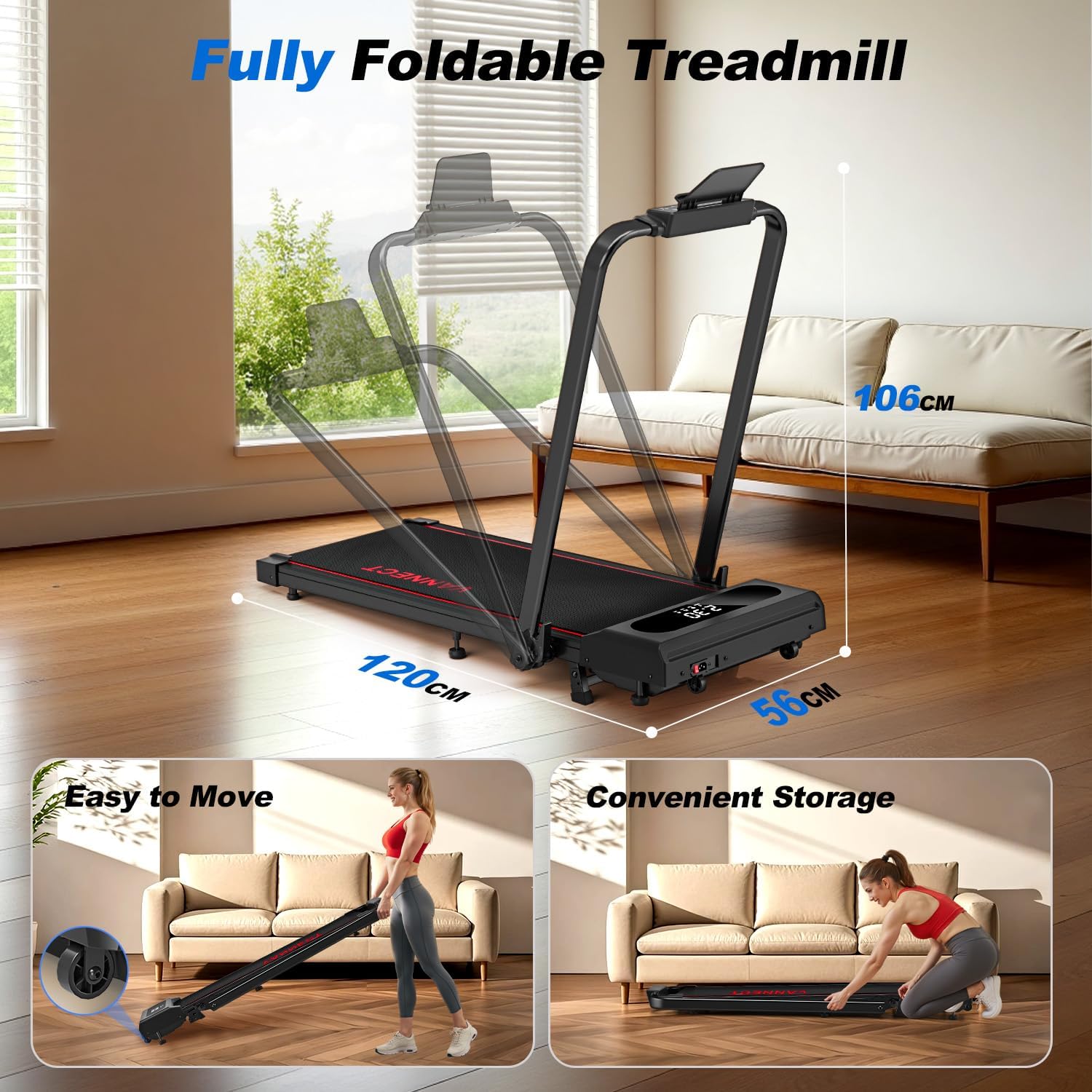 6 in 1 Folding Treadmill with 12KM/H, 9% Incline Walking Pad Foldable with APP, 2.75HP Under Desk Treadmills for Home Office, Running Machine Portable with Magnetic Remote Control, 350LBS Weight