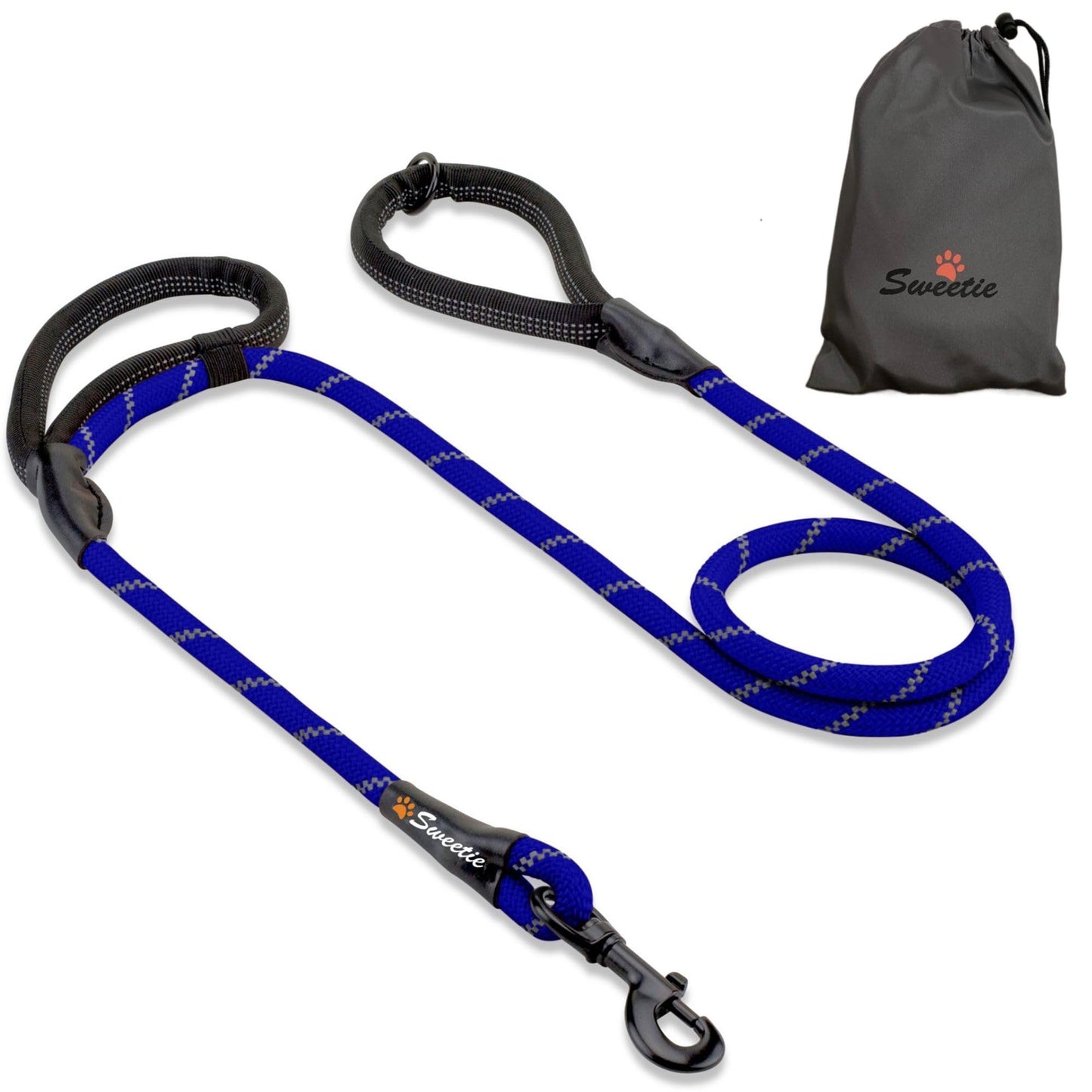 Rope Dog Lead - Innovative Design with Two Padded Handles - Reflective Stitching & O-Ring - 5 FT Long Leash for Medium & Large Sized Pets - Weather Resistant & Strong Material. Orange