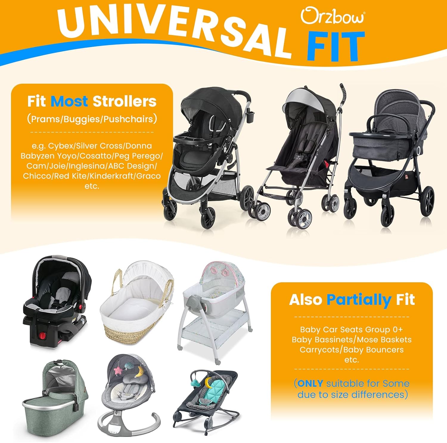 Orzbow Universal Baby Mosquito Net & Buggy Sun Shade with UPF50+,Breathable Pram Net Cover with Two-way Zipper & Adjustable Stroller Sun Cover with Bag for Pushchair,Car Seat & Carrycot (Black)