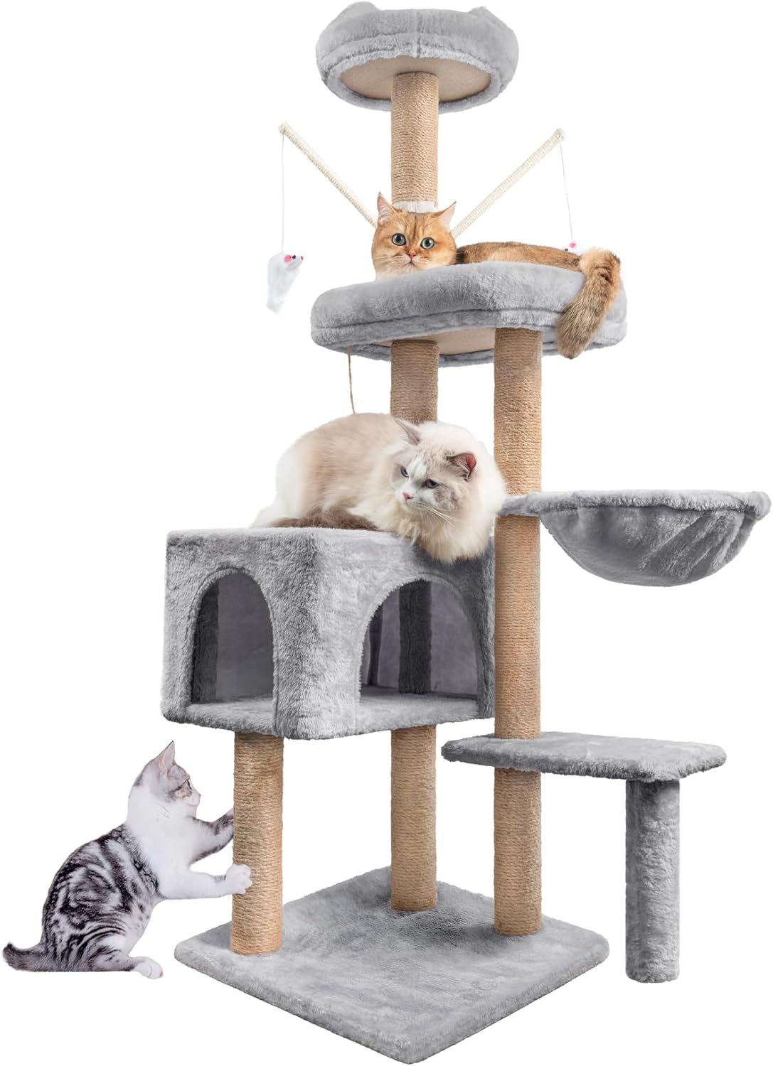 Cat Tree, 145cm Stable Cat Scratching Post for Indoor Cats, Multi-Level Cat Climbing Tower With Posts Fully Wrapped in Natural Sisal Rope, Suitable for Kitty Kitten