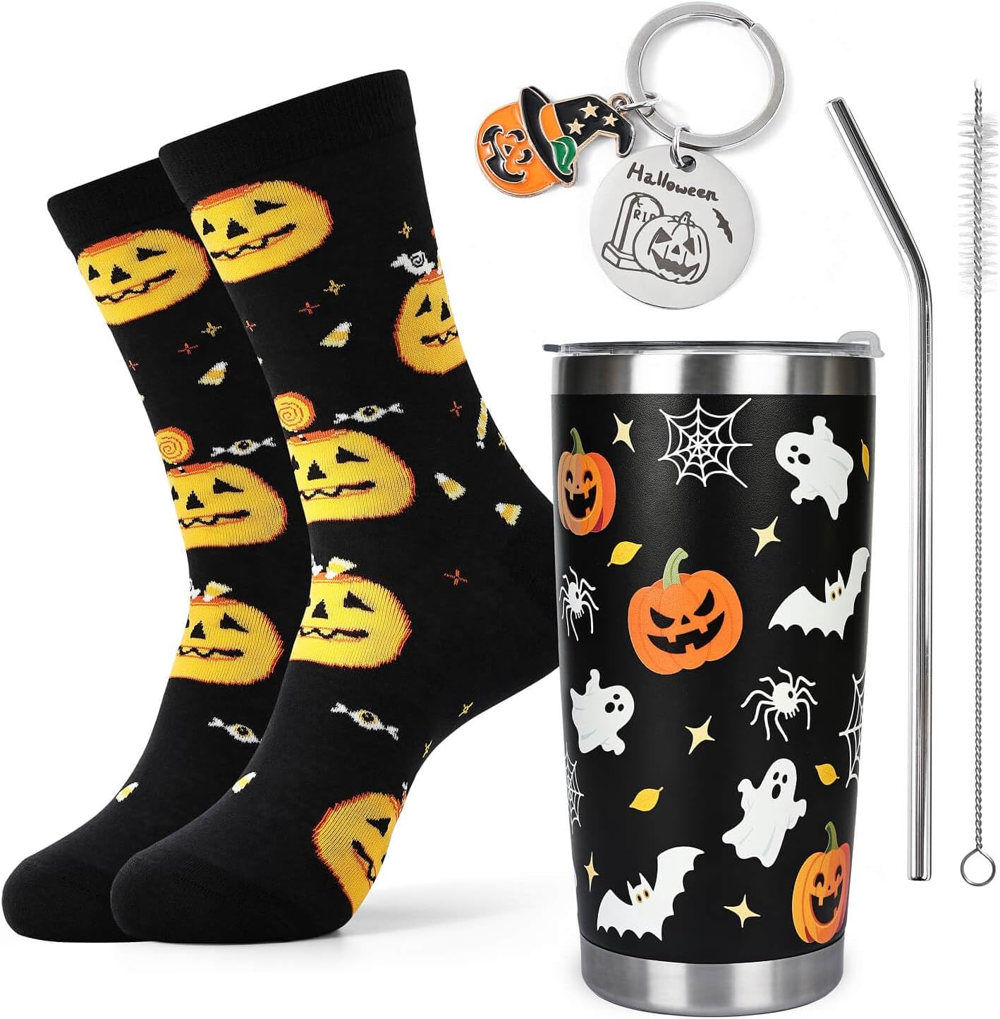 Halloween Gifts for Women Halloween Mug Socks 6-9 Pumpkin Keychain Haloween Accessories Ladies Gifts for Her Presents for Women Hallowee