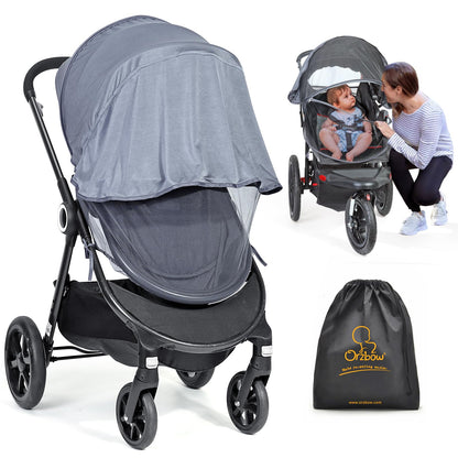 Orzbow Universal Baby Mosquito Net & Buggy Sun Shade with UPF50+,Breathable Pram Net Cover with Two-way Zipper & Adjustable Stroller Sun Cover with Bag for Pushchair,Car Seat & Carrycot (Black)