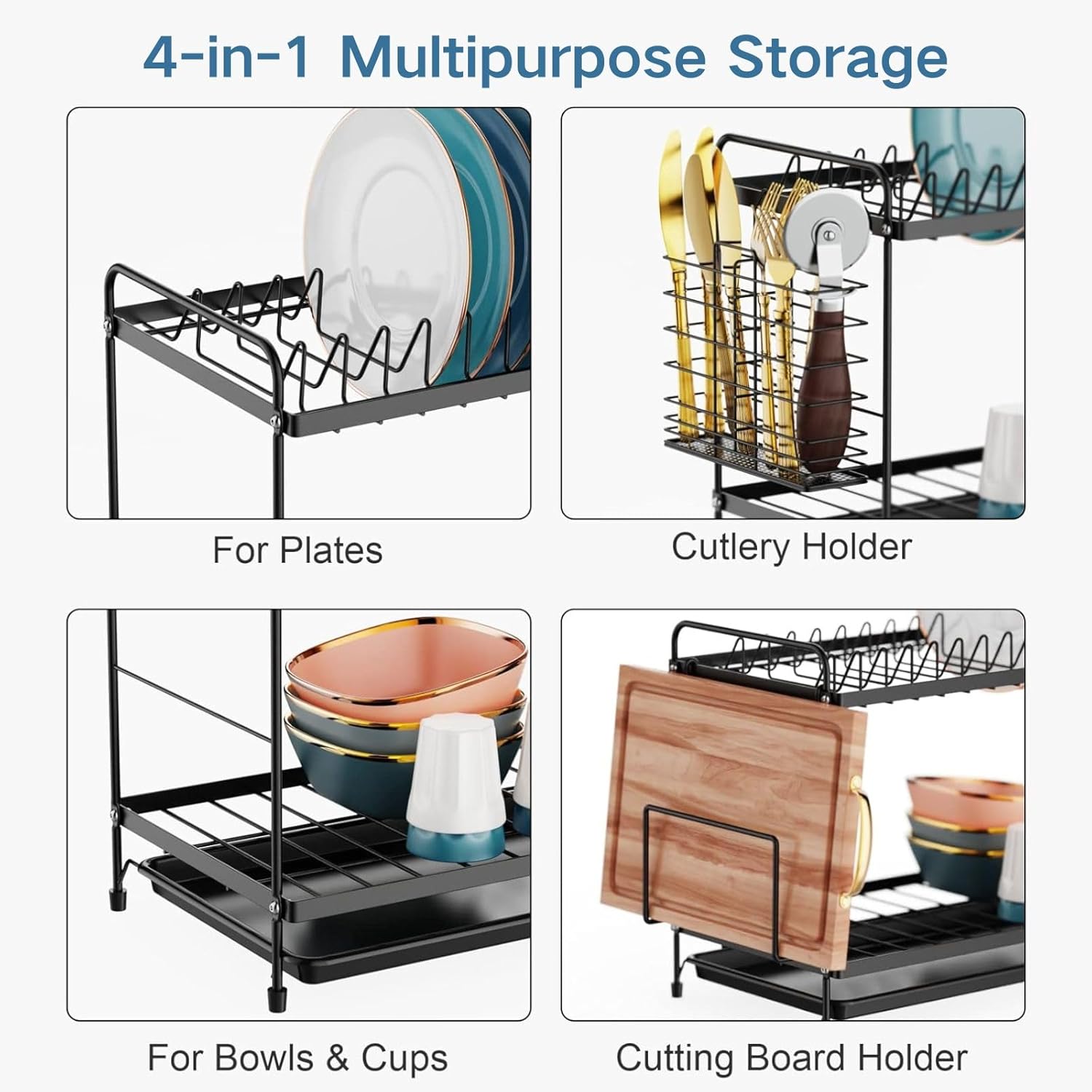 iSPECLE 2 Tier Dish Drainer Rack - Small Dish Drying Rack with Drip Tray, Space-Saving Draining Board Rack with Utensil Cutting & Board Holder for Kitchen Worktop, Black