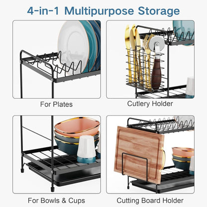 iSPECLE 2 Tier Dish Drainer Rack - Small Dish Drying Rack with Drip Tray, Space-Saving Draining Board Rack with Utensil Cutting & Board Holder for Kitchen Worktop, Black
