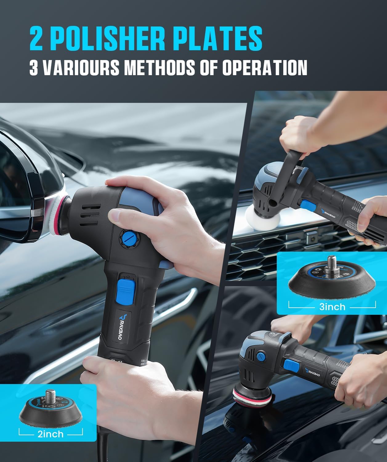 Mini Polisher, 2inch/ 3inch 750W Car Polishers and Buffers with 12mm Random Orbital-Improve Work Efficiency by 35%, 16pcs Trapezoidal Polisher Pads,16.4 ft Cord, DA Polisher for Car Polishing