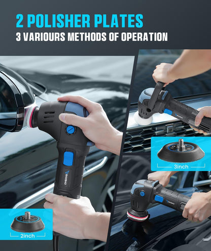 Mini Polisher, 2inch/ 3inch 750W Car Polishers and Buffers with 12mm Random Orbital-Improve Work Efficiency by 35%, 16pcs Trapezoidal Polisher Pads,16.4 ft Cord, DA Polisher for Car Polishing
