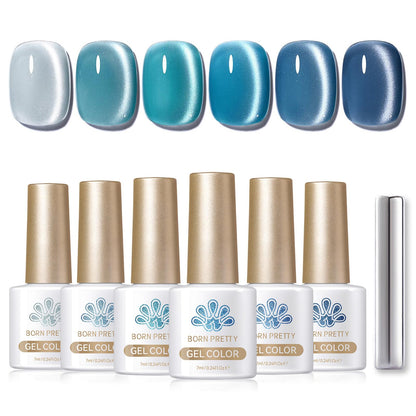 BORN PRETTY 6 Colors Jelly Nude Pink Cat Magnetic Eye Gel Polish Set with Magnet, Soak-Off U V/LED Iridescent Cat Gel for Nail Art Salon DIY Home