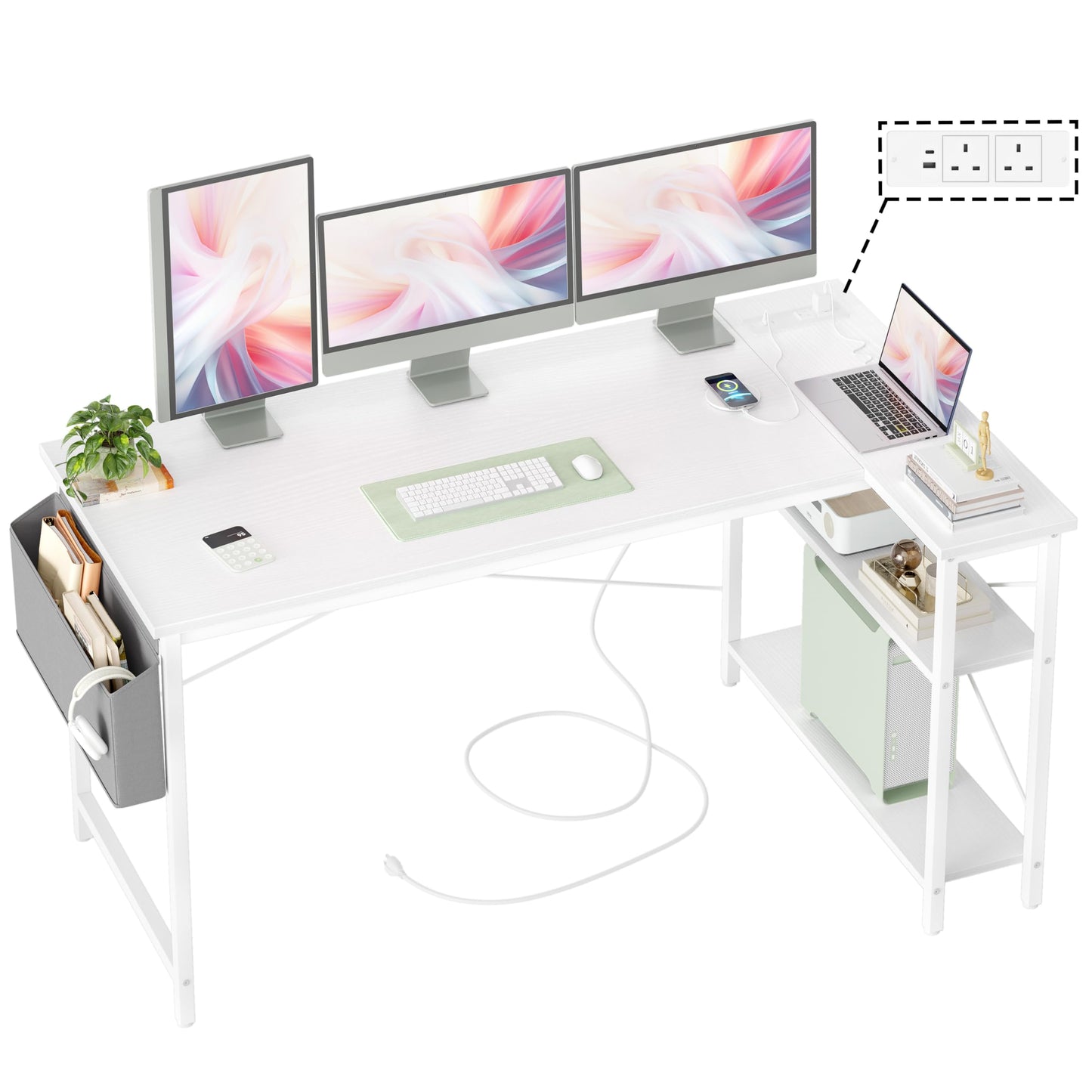 BEXEVUE L Shaped Gaming Desk with Power Outlets, 100x70 cm Computer Desk with Storage Bag, Office Desk Small Writing Table with Large Reversible Storage Shelves, Workstation Study Home Office, Black