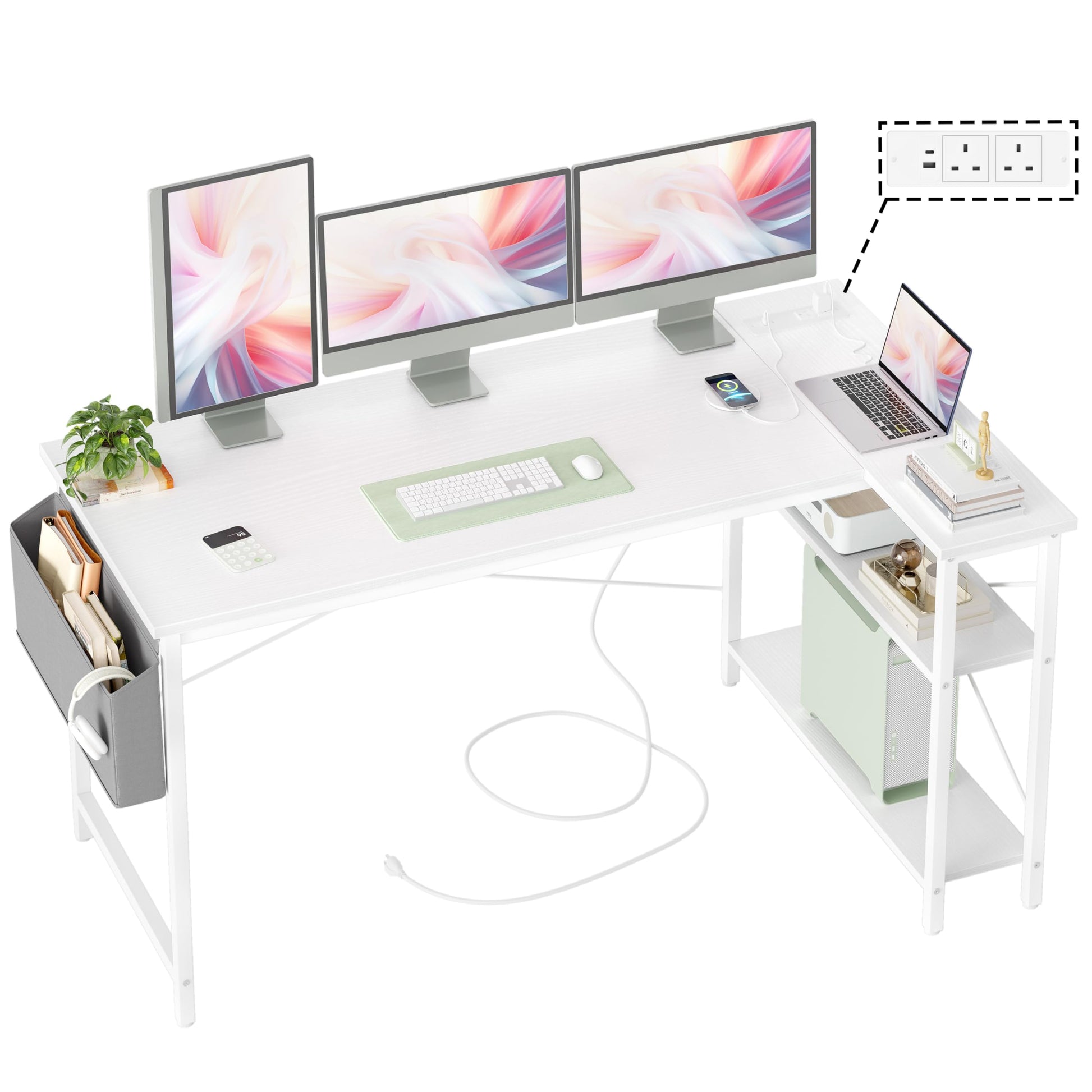 BEXEVUE L Shaped Gaming Desk with Power Outlets, 100x70 cm Computer Desk with Storage Bag, Office Desk Small Writing Table with Large Reversible Storage Shelves, Workstation Study Home Office, Black