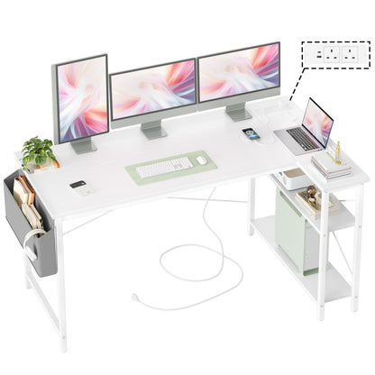 BEXEVUE L Shaped Gaming Desk with Power Outlets, 100x70 cm Computer Desk with Storage Bag, Office Desk Small Writing Table with Large Reversible Storage Shelves, Workstation Study Home Office, Black