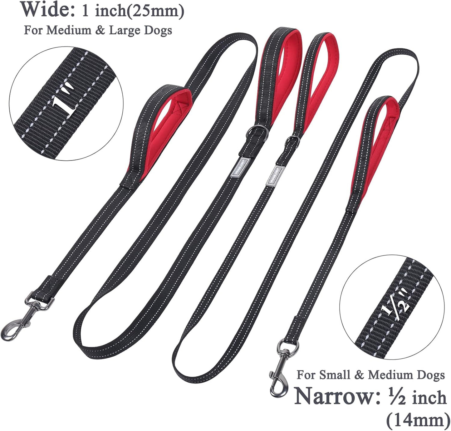 Traffic Handle Dog Lead, Soft Two Padded Handles Dog Leash, Strong Reflective & Metal Hook Training Dog Lead, Black