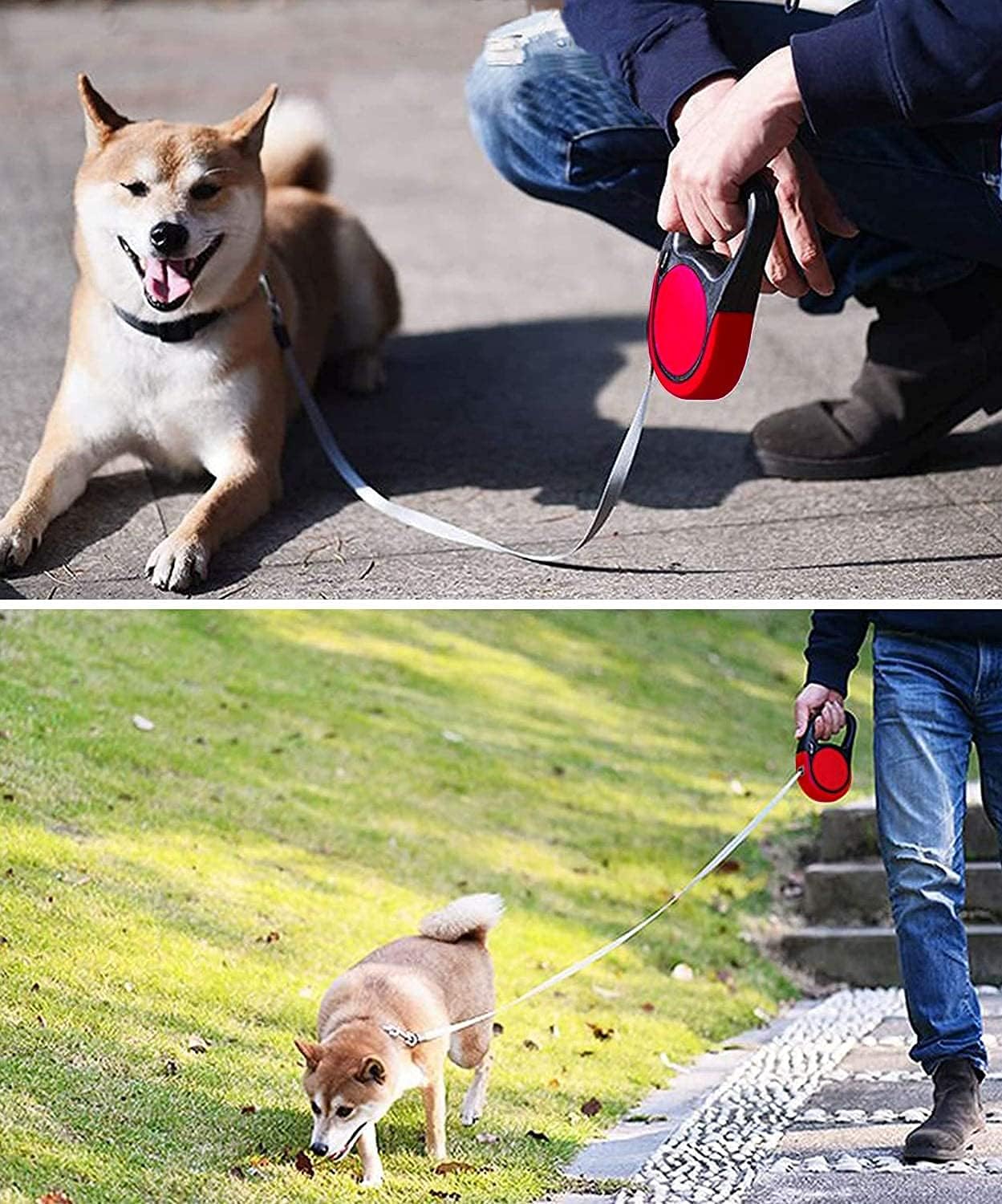 CFMOUR Retractable Dog Lead, 5m/20kg Red Heavy-Duty Extendable Dog Leads for Small to Medium Dogs; Strong Nylon Tape Ribbon Leash, One-Button Brake&Lock, Bonus Training Clicker