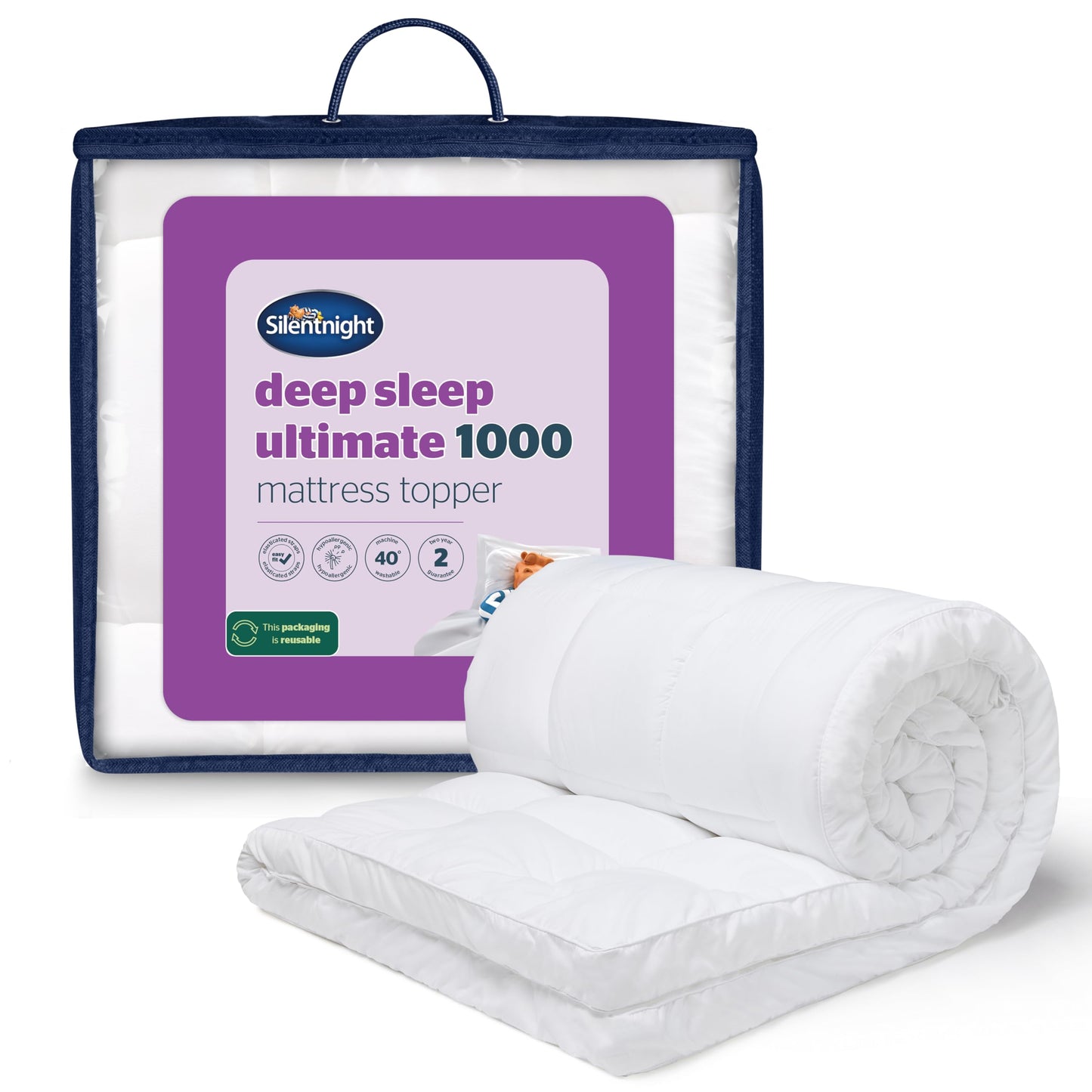 Silentnight Deep Sleep Mattress Topper Double Bed - Soft Supportive Comfortable Durable Bed Topper with Easy Fit Elasticated Straps - Hypoallergenic and Machine Washable - Double - 190x135cm
