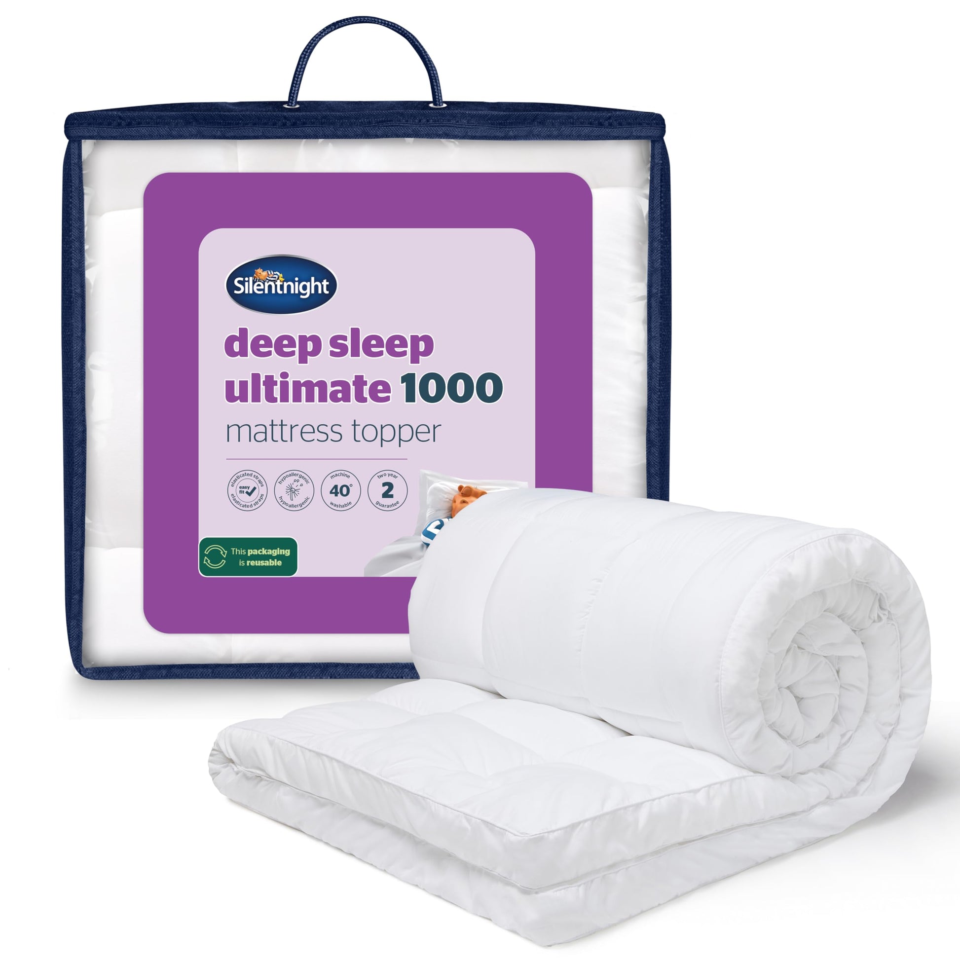 Silentnight Deep Sleep Mattress Topper Double Bed - Soft Supportive Comfortable Durable Bed Topper with Easy Fit Elasticated Straps - Hypoallergenic and Machine Washable - Double - 190x135cm