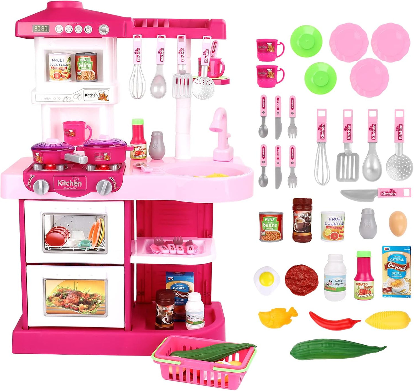 deAO My Little Chef Kitchen Play Set with 30 Accessories for Children, Features Light and Sound for Children (Pink)