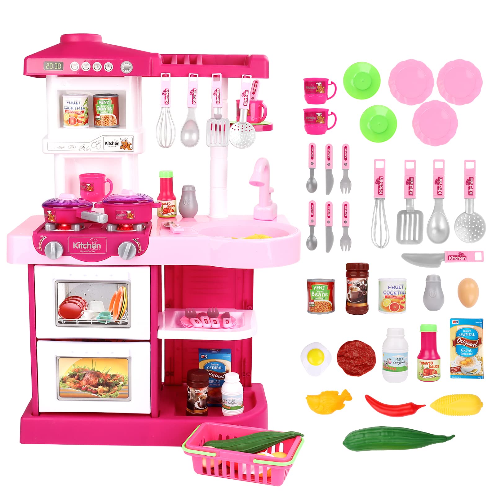 deAO My Little Chef Kitchen Play Set with 30 Accessories for Children, Features Light and Sound for Children (Pink)