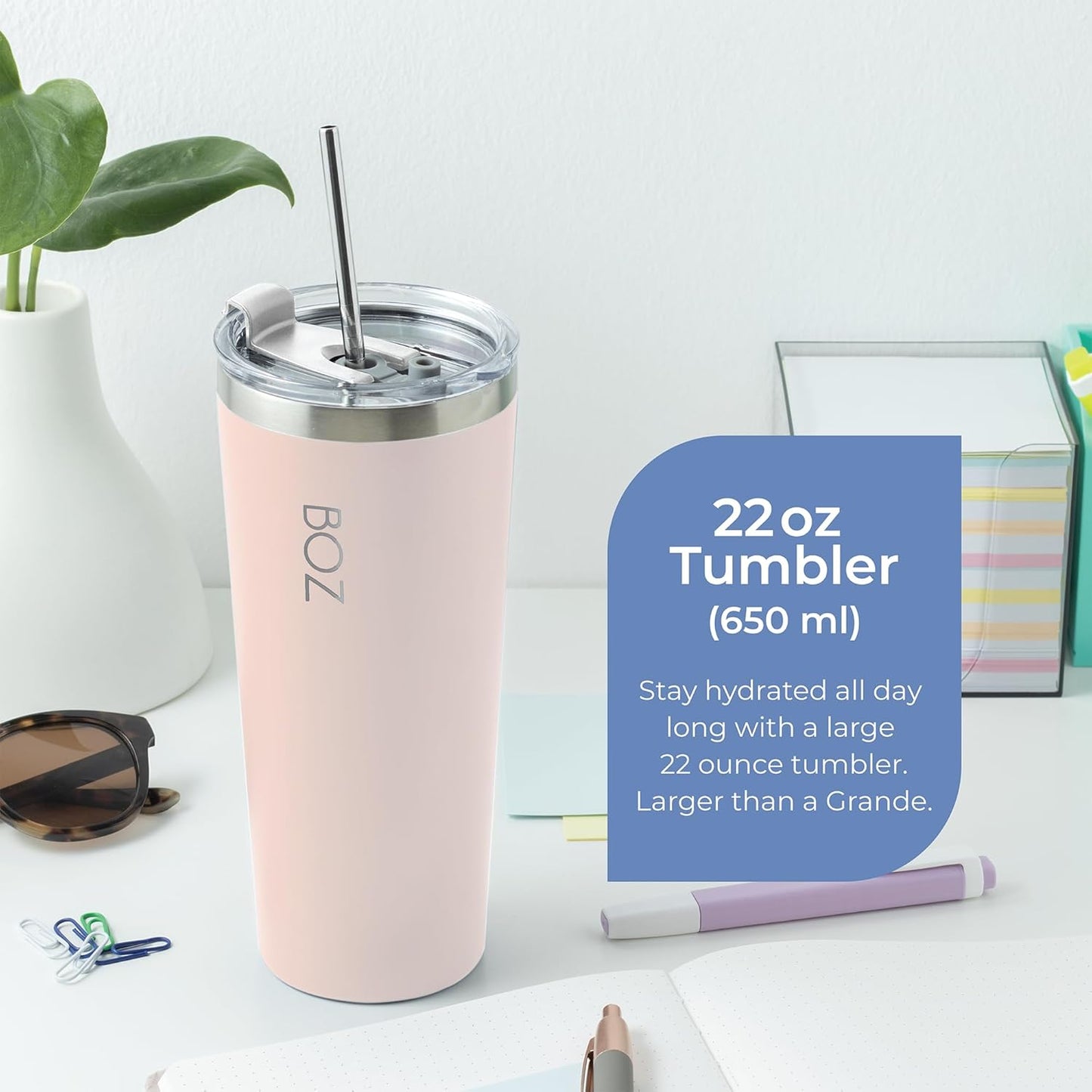 BOZ Tumbler - Tumbler with Lid and Straw - Insulated Tumbler Cup - Cups with Lid and Straw - Stainless Steel - Thermal Cup Perfect for Hot and Cold Drinks - BPA Free (650 ml / 22oz, Pink)