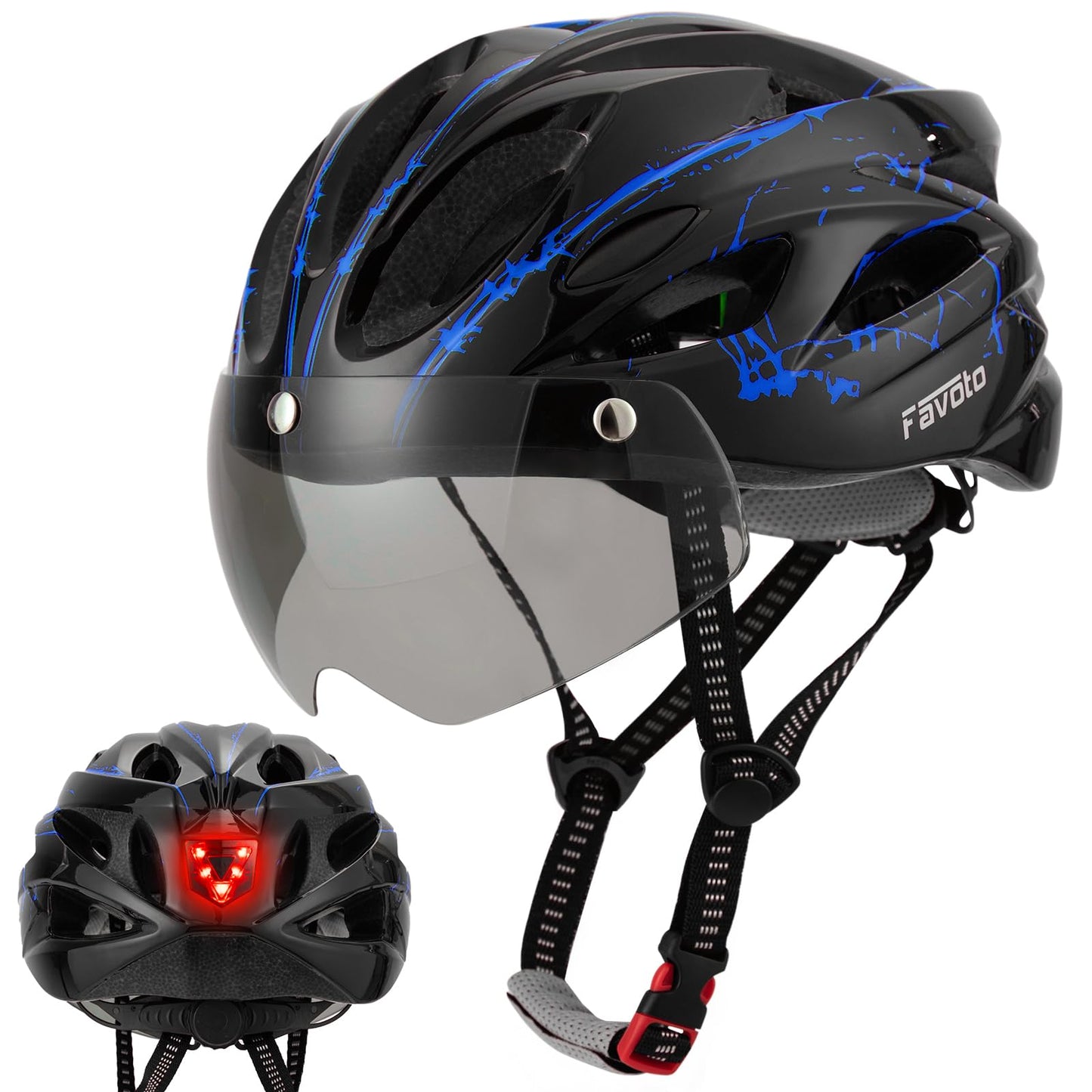 Favoto Bike Helmet with Light for Men & Women, Lightweight Bicycle Helmet with Magnetic Goggle, Rear LED Light, Removable Lining, Adjustable Size 59-61 cm, EPS In-Mould Technology