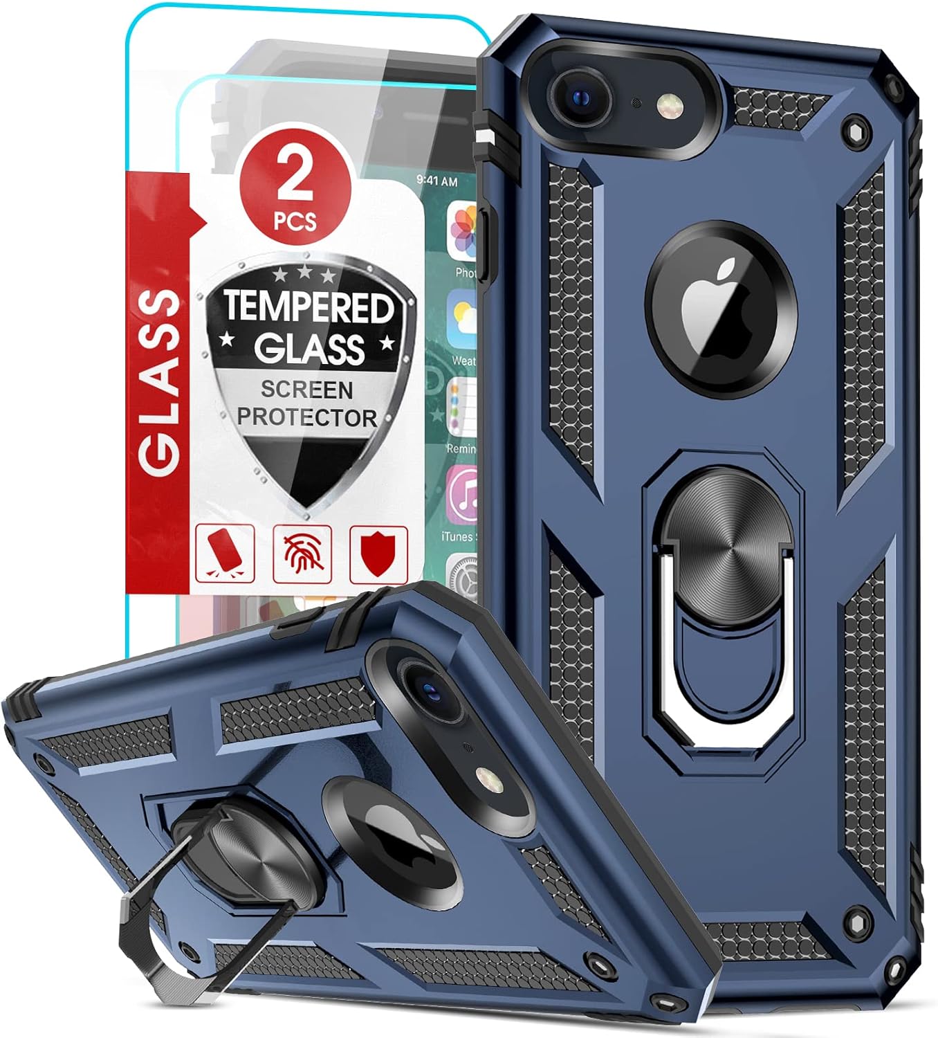 LeYi for iPhone SE 2020 Case,iPhone SE 3 2022 Case, iPhone 8/7 / iPhone 6/6S Case and 2 Tempered Glass Screen Protector,Ring Holder Shockproof Tough Protective Silicone TPU Armour Phone Cover, Blue