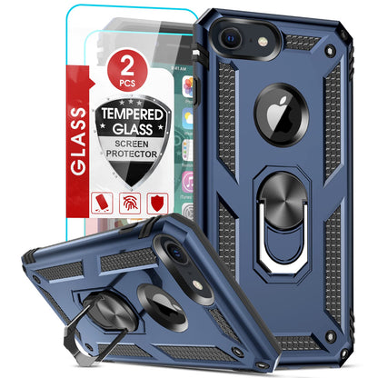 LeYi for iPhone SE 3 2022 Case,iPhone SE 2020 Case, iPhone 8/7 Case,iPhone 6/6S Case and 2 Tempered Glass Screen Protector,Ring Holder Shockproof Tough Protective Silicone TPU Armour Phone Cover Black