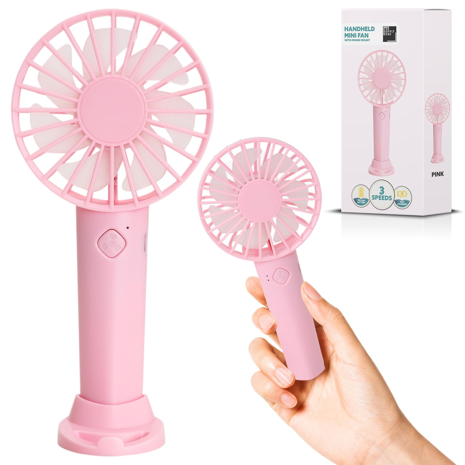 Handheld Fan, Hand Portable Fan with 3 Speeds | USB Rechargeable, Held Mini Handheld, Travel & Free Standing (Black)