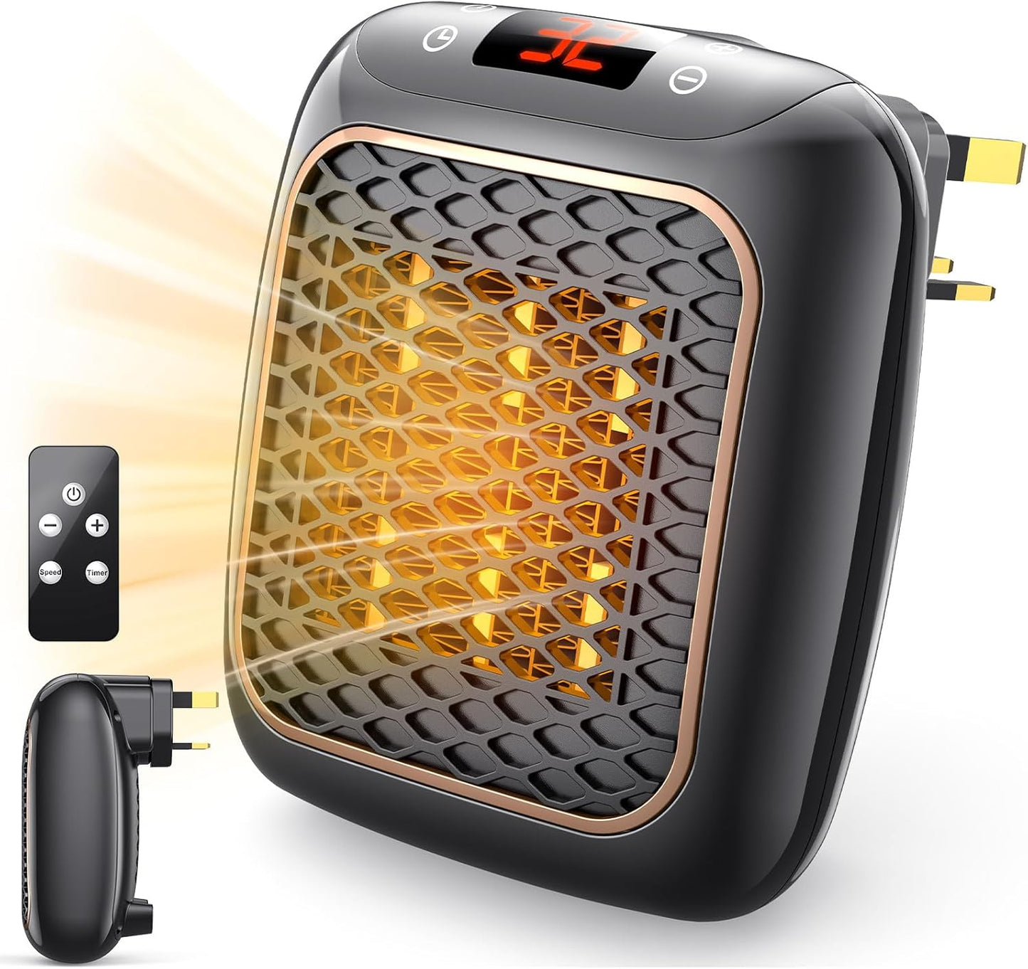 Plug in Heater, 1200W Fan Heaters for Home 2 Mode PTC Ceramic Heaters 1-12H Timer Overheating Protection w Remote Control Electric Heater Energy Efficient BS Plug for Bedroom Office Kitchen Bathroom