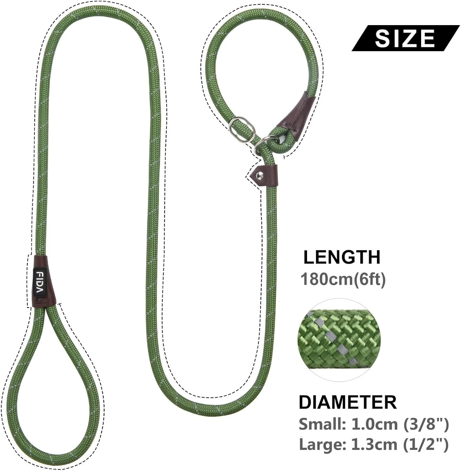 Fida Slip Rope Dog Lead | 1.8m, One-Size-Fits-All, Slip-On Rope Leash. Easy to Slip On, No Collar or Harness Needed. Durable & Weather Resistant Climbers Rope with Reflective Stitching (Green)