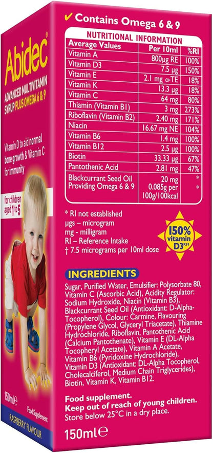 Abidec Kid Multivitamin Syrup – has Vitamin D for Normal Growth and Development of Bones in Children - Blend of 12 Essential Vitamins – Contains Omega 6 & 9 - Suitable for Kids Aged 1-5 - 150ml