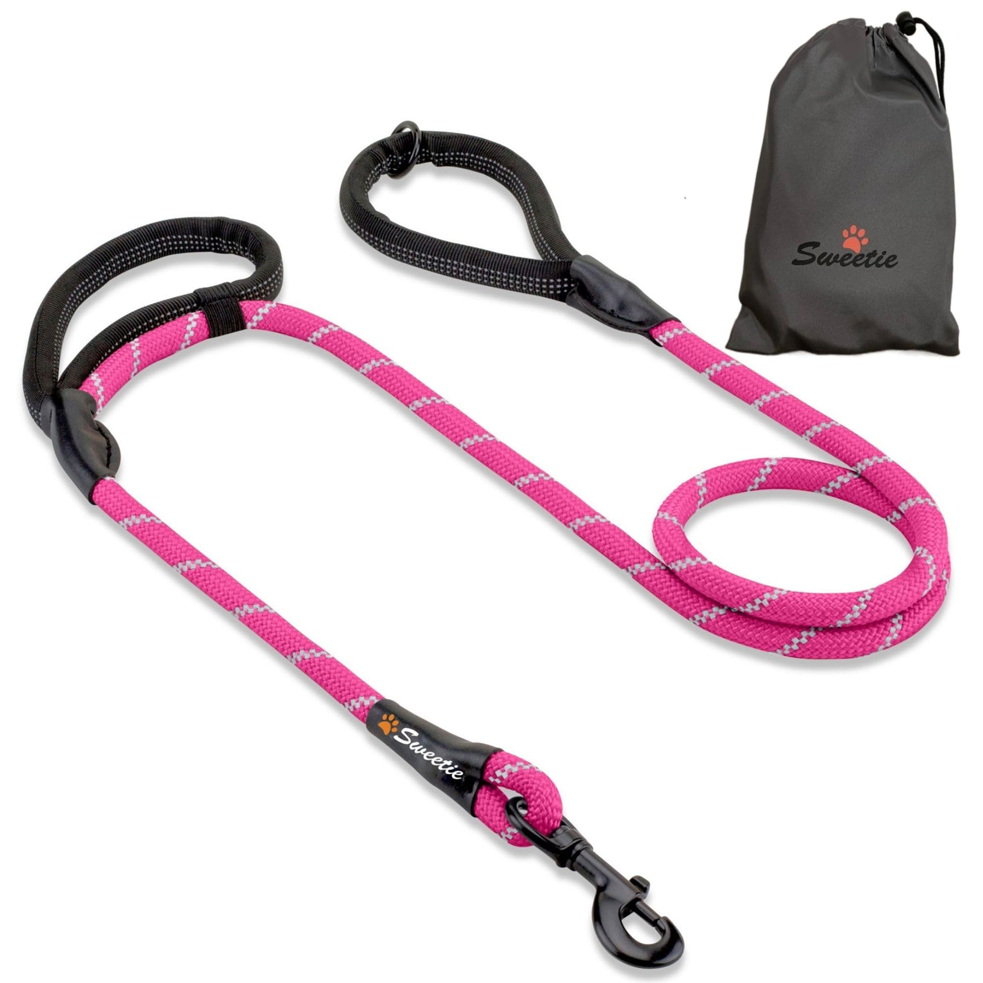 Rope Dog Lead - Innovative Design with Two Padded Handles - Reflective Stitching & O-Ring - 5 FT Long Leash for Medium & Large Sized Pets - Weather Resistant & Strong Material. Orange