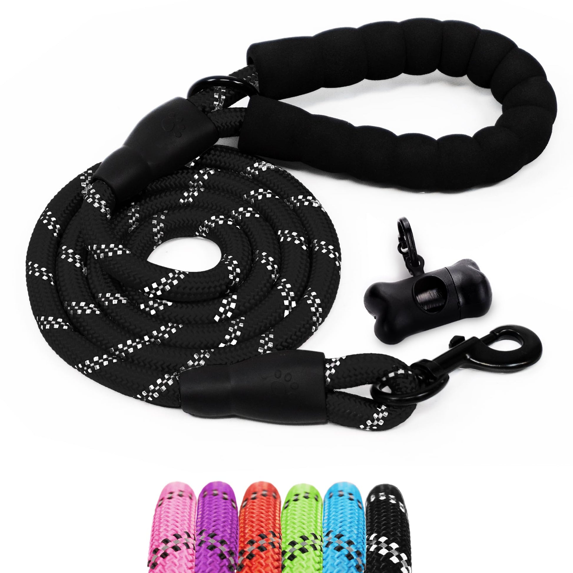 1.5m (5ft) Slip-On Dog Lead - One-Size-Fits-All Leash with Soft Padded Handle & Highly Reflective Threads - Durable & Weather Resistant Climbers Rope for Dogs - Waste bag dispenser included