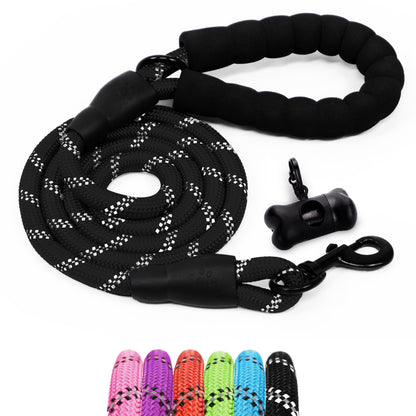 1.5m (5ft) Slip-On Dog Lead - One-Size-Fits-All Leash with Soft Padded Handle & Highly Reflective Threads - Durable & Weather Resistant Climbers Rope for Dogs - Waste bag dispenser included