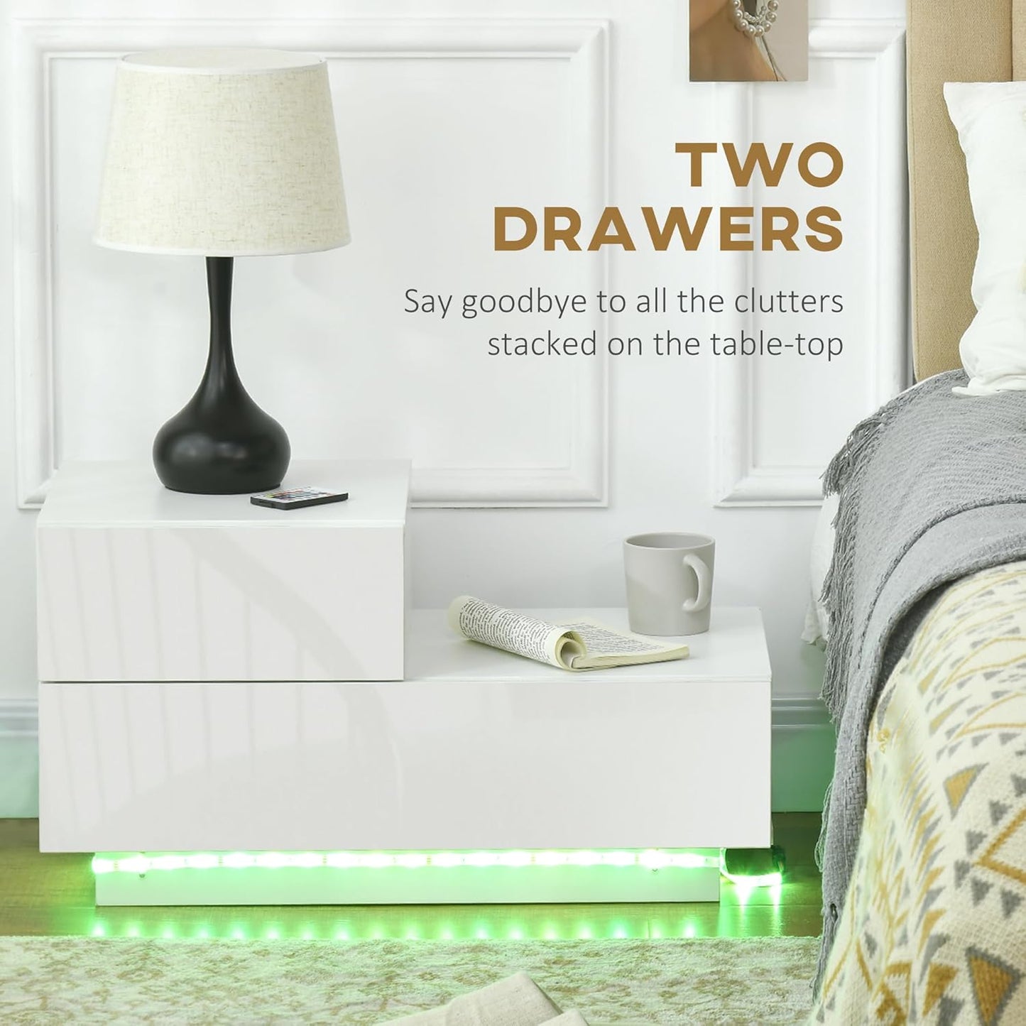 HOMCOM Bedside Table with LED Light, Nightstand with 2 Drawers and High Gloss Front, USB Powered Side Table with Remote for Bedroom, Living Room, White