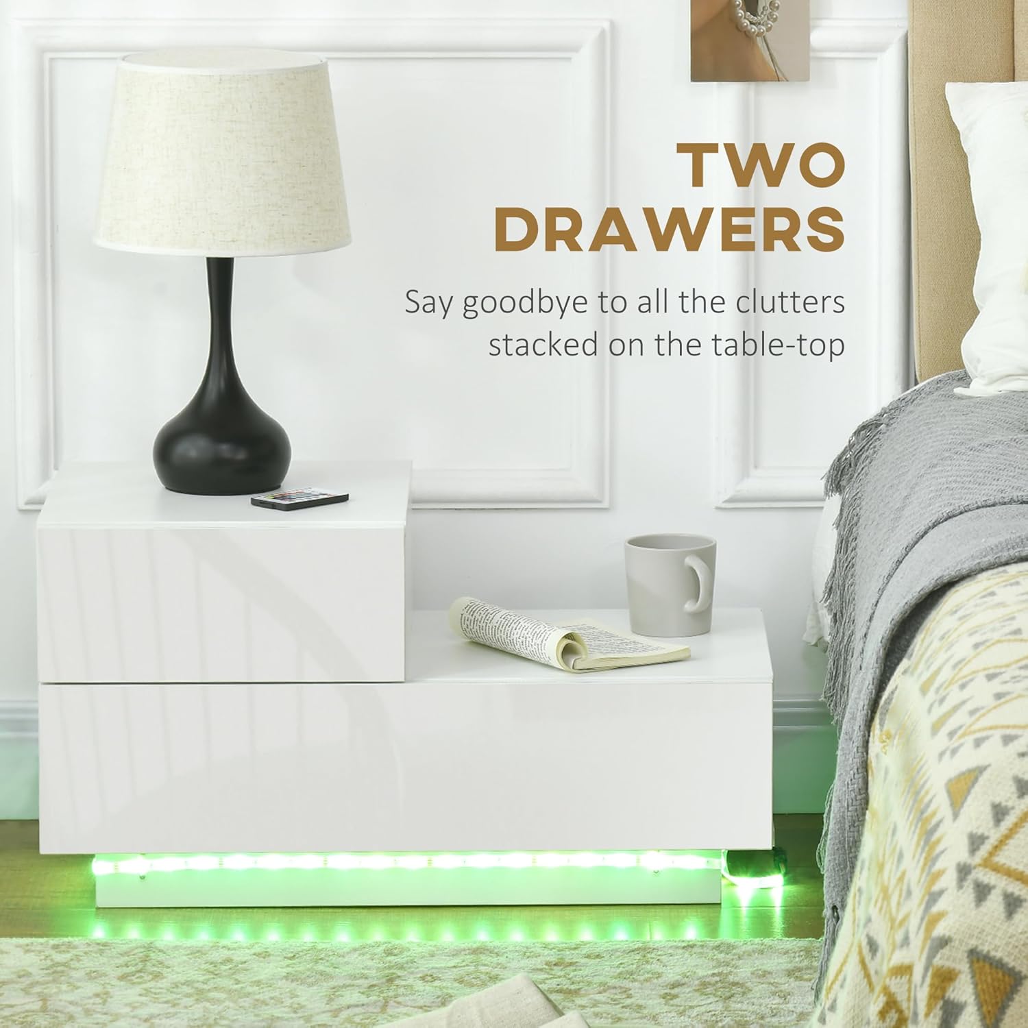 HOMCOM Bedside Table with LED Light, Nightstand with 2 Drawers and High Gloss Front, USB Powered Side Table with Remote for Bedroom, Living Room, White
