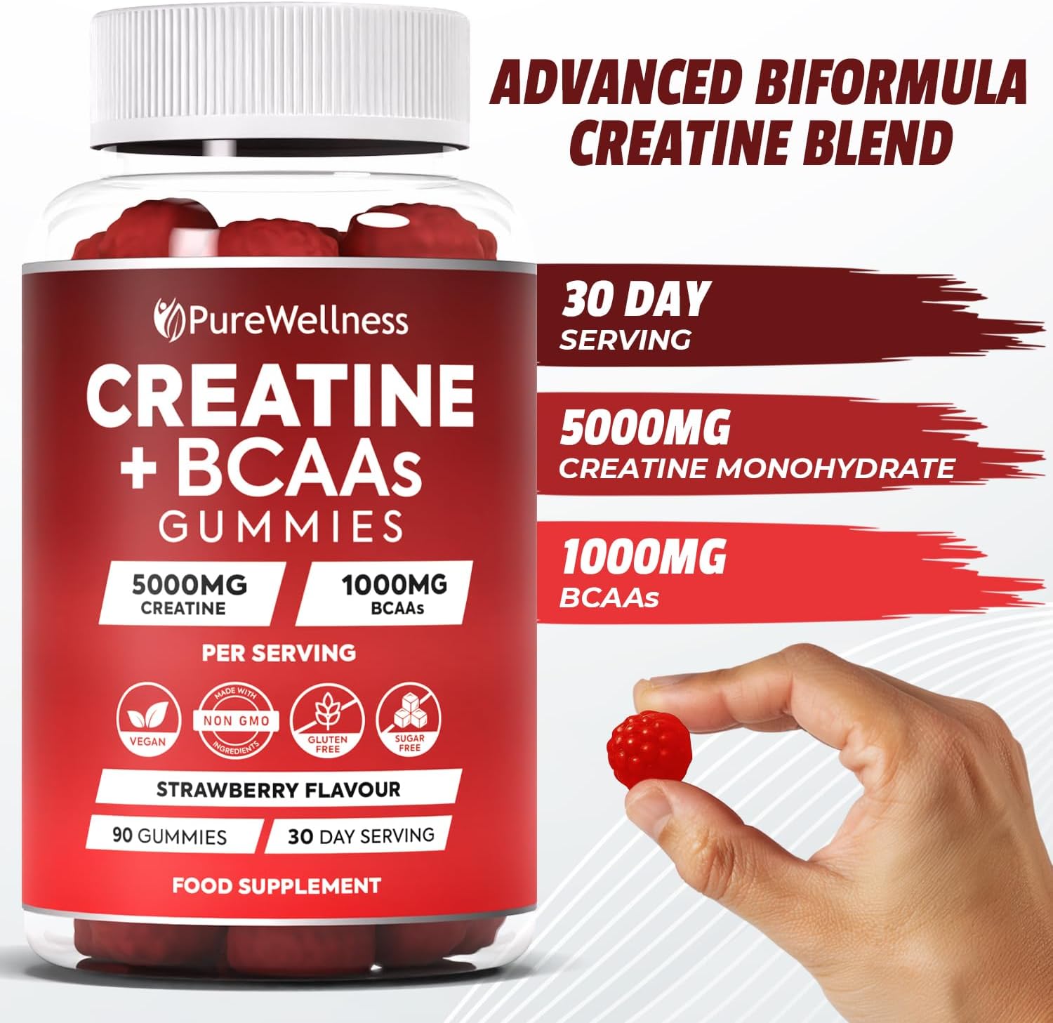 PureWellness Creatine and BCAA Gummies - 5000mg Creatine Monohydrate, 1000mg BCAAs per Serving - Chewable Vegan Sugar Free Gummies, Strawberry Flavour (1 Month Supply)
