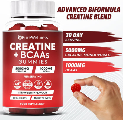 PureWellness Creatine and BCAA Gummies - 5000mg Creatine Monohydrate, 1000mg BCAAs per Serving - Chewable Vegan Sugar Free Gummies, Strawberry Flavour (1 Month Supply)