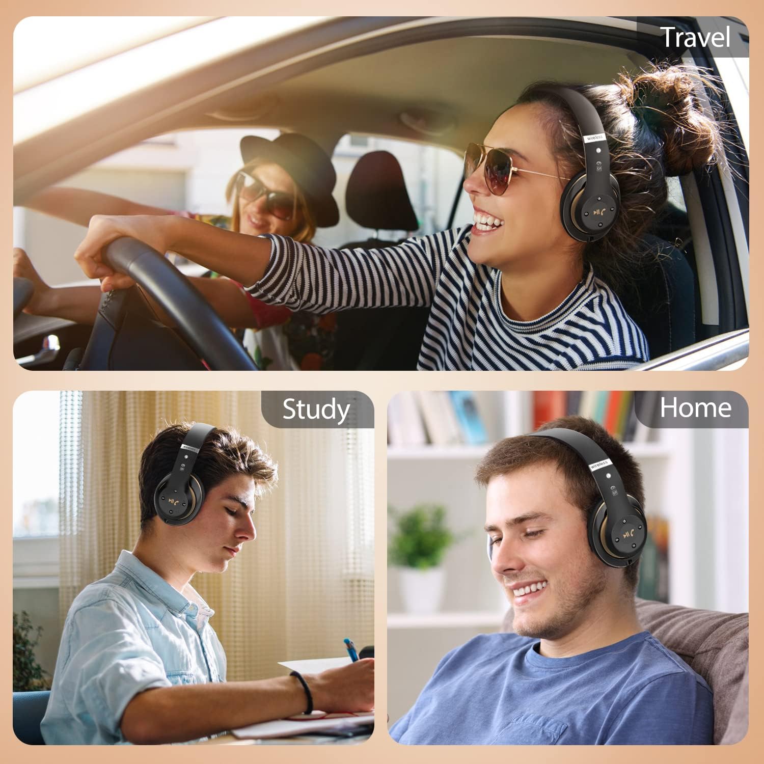 Bluetooth Headphones Over Ear, 6 EQ Modes Wireless Headphones Over Ear,65 Hours Playtime Foldable Lightweight Wireless Headphones,with Built-in HD Mic, FM, SD/TF for PC/Home（Black & Gold）