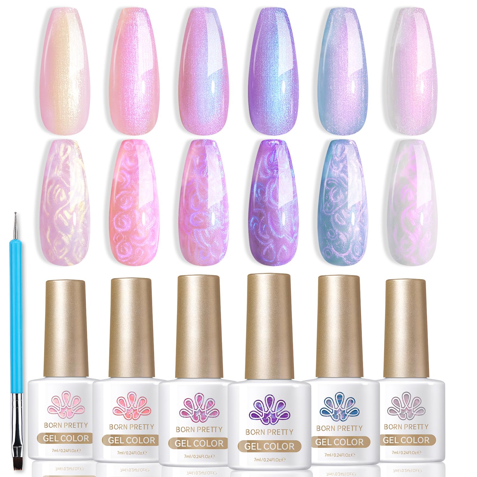 BORN PRETTY 6 Colors Jelly Nude Pink Cat Magnetic Eye Gel Polish Set with Magnet, Soak-Off U V/LED Iridescent Cat Gel for Nail Art Salon DIY Home