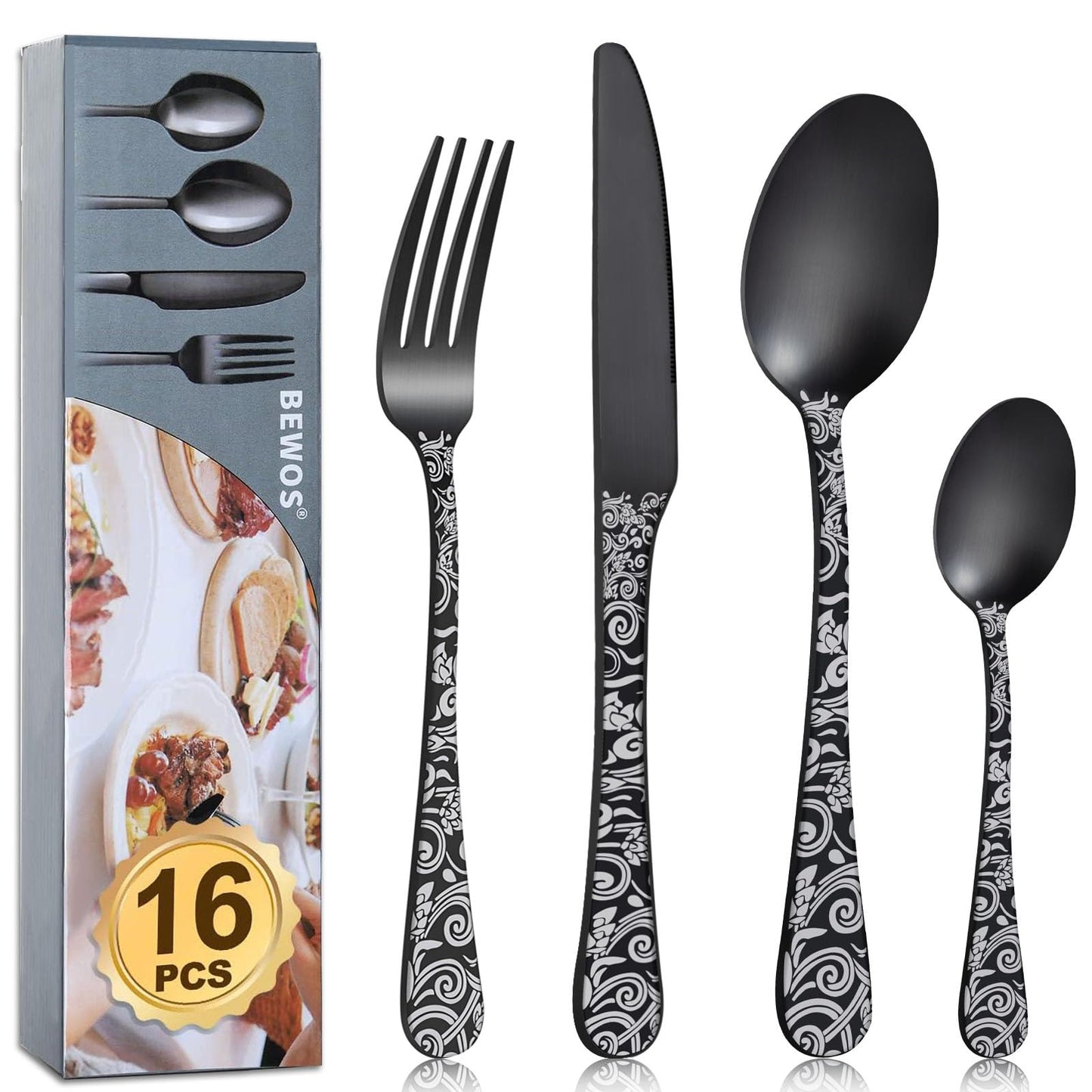 Cutlery Set, BEWOS 16-Piece Stainless Steel Flatware Set, Tableware Silverware Set with Rainbow Spoon Knife and Fork Set, Service for 4, Dishwasher Safe/Easy Clean, Mirror Polished