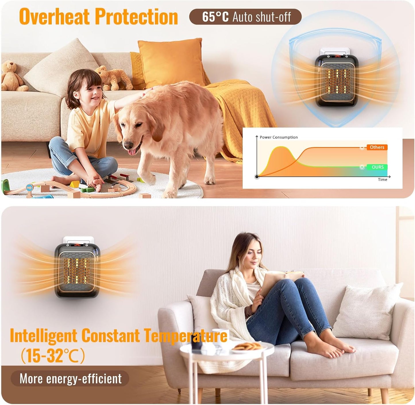 Plug in Heater, 1200W Fan Heaters for Home 2 Mode PTC Ceramic Heaters 1-12H Timer Overheating Protection w Remote Control Electric Heater Energy Efficient BS Plug for Bedroom Office Kitchen Bathroom