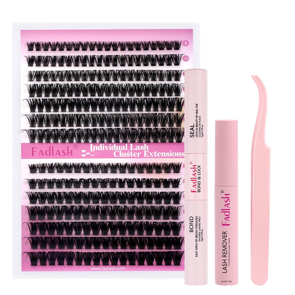 FADLASH DIY Lash Extension Kit Individual Lashes Clusters30P+40P D Curl 8-16mm Lash Bond and Seal, Clusters Lash Glue Remover and Eyelash Tweezers for Eyelash Extensions