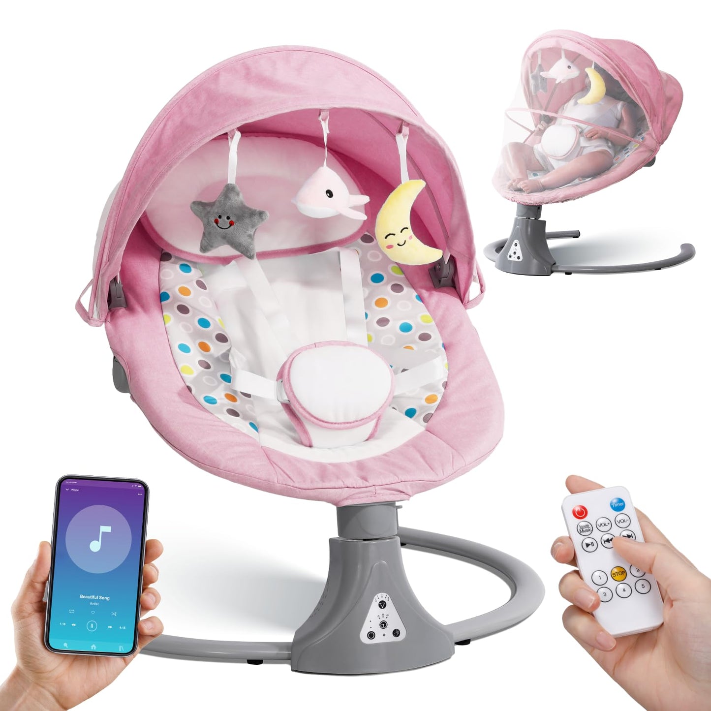 Baby Swing Chair: Baby Bouncer from Birth with Bluetooth Remote Control | Cordless 5-Speed Levels 12 Lullabies & 3 Timers | 3 Adjustable Angles & Electric Rocking Chair for Newborn | Gray