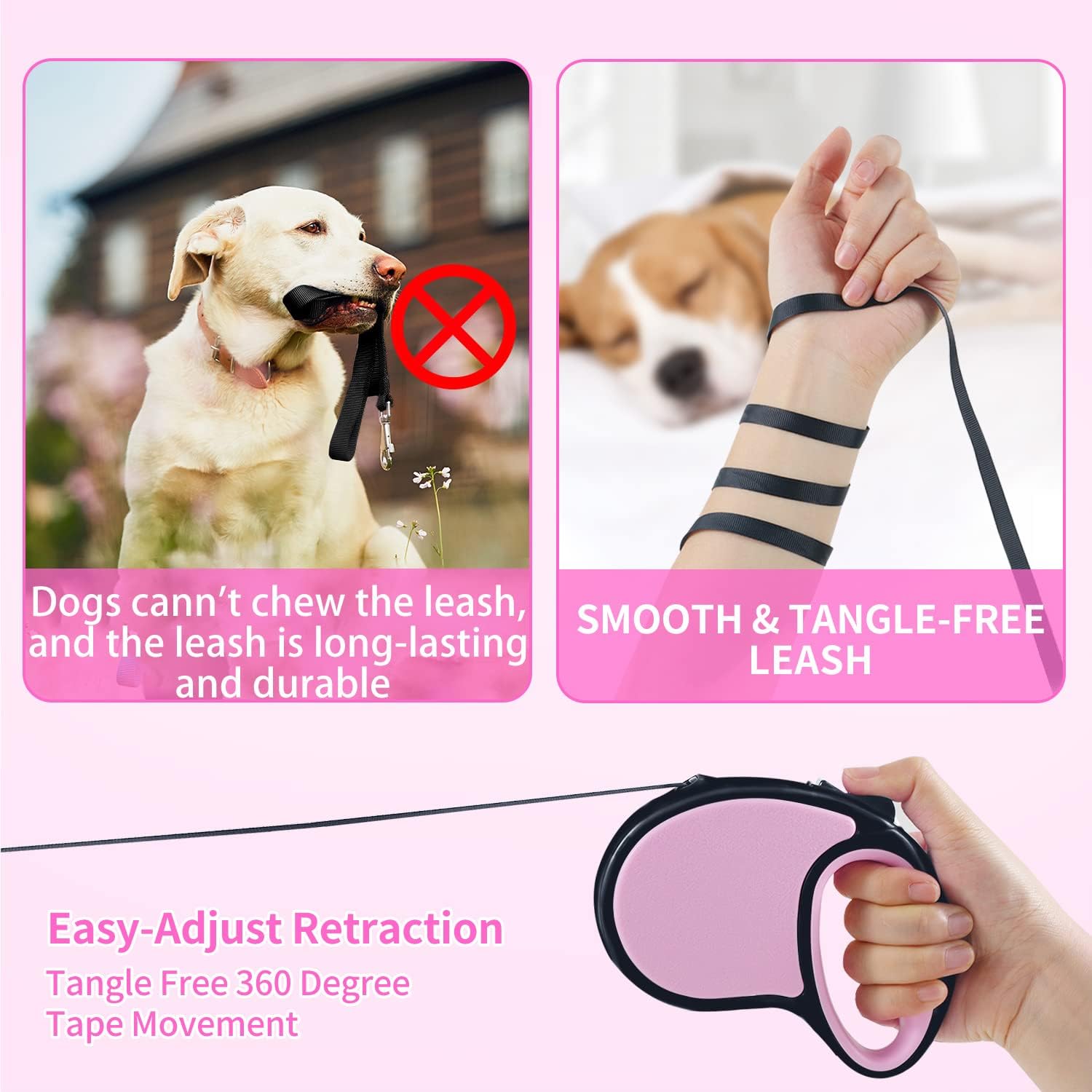 Retractable Dog Lead, ANCOOLE 5M/16FT Extendable Dog Lead 360°Tangle-Free Smooth&Durable Nylon Tape with Anti-Slip Handle, One-Handed Brake for Small Medium Dogs (Pink)