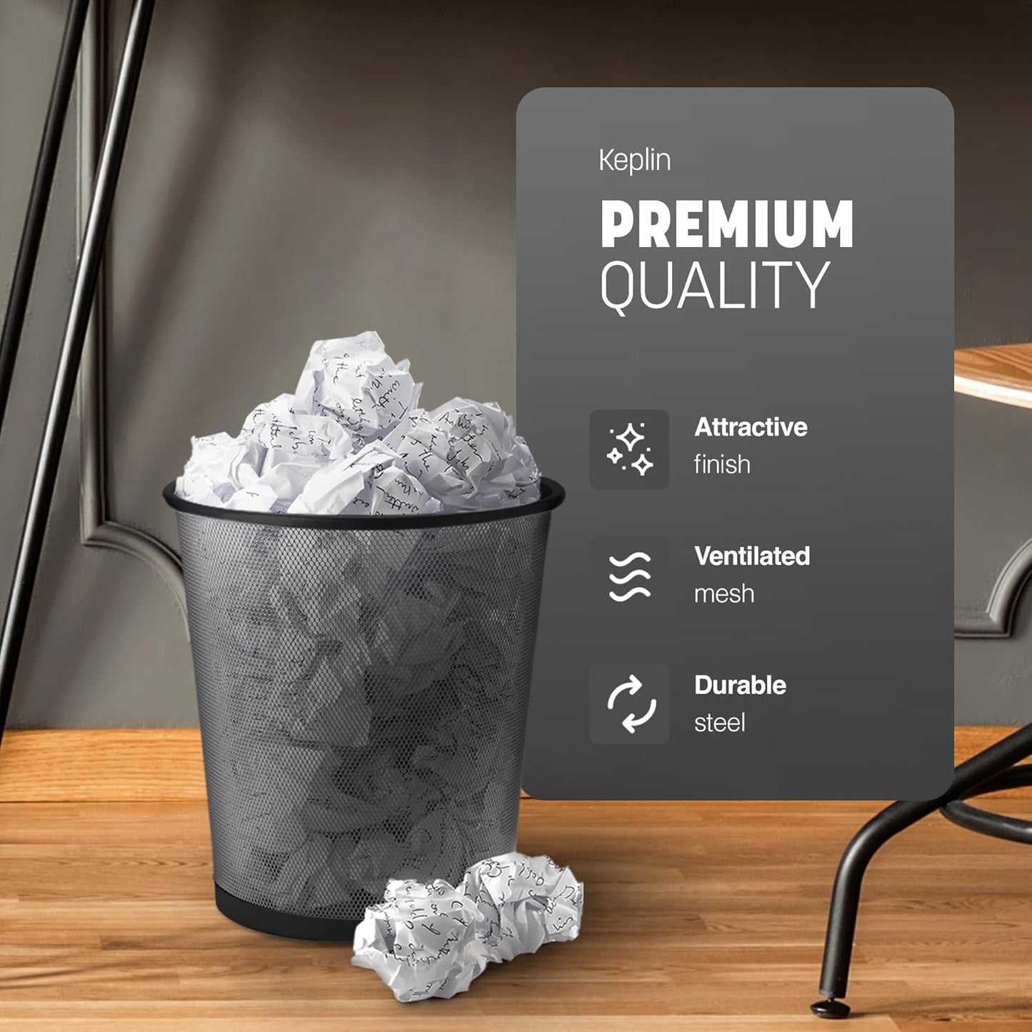 KEPLIN Round Trash Can Bin - 1 Pack Black Non-slip Mesh Bins | Waste Paper Bin | Sturdy Metal Bin Indoor Waste Bin for Home, Bedroom, Office, Bathroom, Living Room, Kitchen