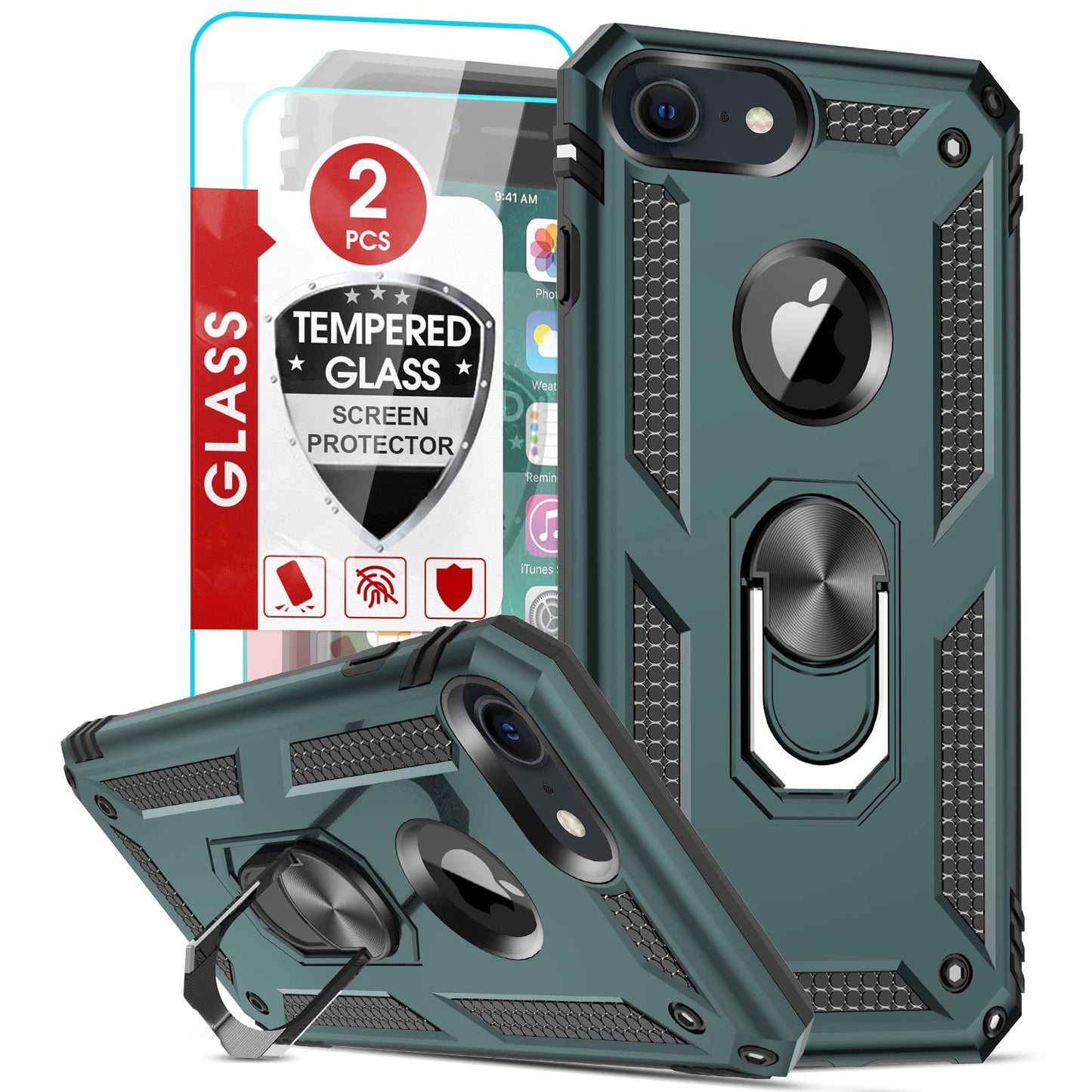 LeYi for iPhone SE 2020 Case,iPhone SE 3 2022 Case, iPhone 8/7 / iPhone 6/6S Case and 2 Tempered Glass Screen Protector,Ring Holder Shockproof Tough Protective Silicone TPU Armour Phone Cover, Blue