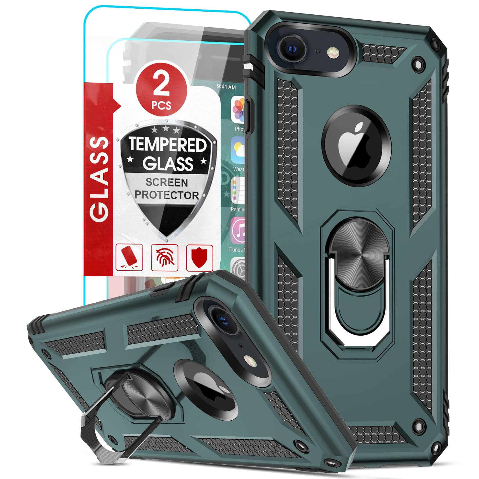 LeYi for iPhone SE 2020 Case,iPhone SE 3 2022 Case, iPhone 8/7 / iPhone 6/6S Case and 2 Tempered Glass Screen Protector,Ring Holder Shockproof Tough Protective Silicone TPU Armour Phone Cover, Blue