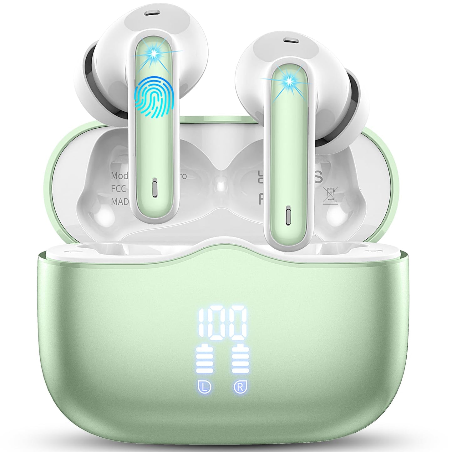 Wireless Earbuds, Bluetooth 5.3 Headphones in Ear with HiFi Stereo Deep Bass, 4 ENC Noise Cancelling Mic Wireless Earphones 40H Playtime, Bluetooth Earbuds Dual LED Display, IP7 Waterproof, Lake Blue