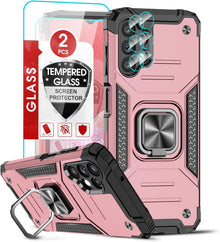 LeYi for Samsung Galaxy A13 4G Phone Case and 2 Tempered Glass Screen Protector + 2 Camera Lens Protector, Ring Holder Shockproof Military Grade Protective Mobile Phone Cover for Samsung A13 Rose Gold
