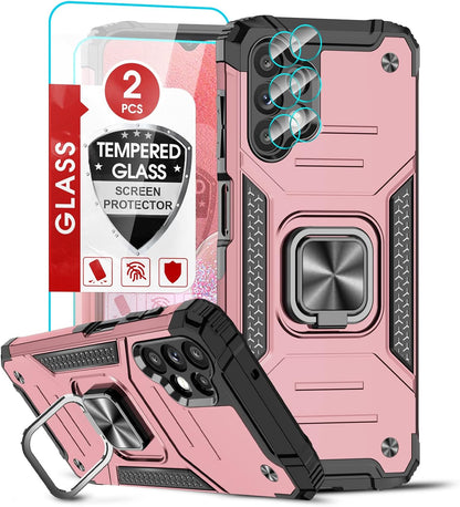 LeYi for Samsung Galaxy A13 4G Phone Case and 2 Tempered Glass Screen Protector + 2 Camera Lens Protector, Ring Holder Shockproof Military Grade Protective Mobile Phone Cover for Samsung A13 Rose Gold