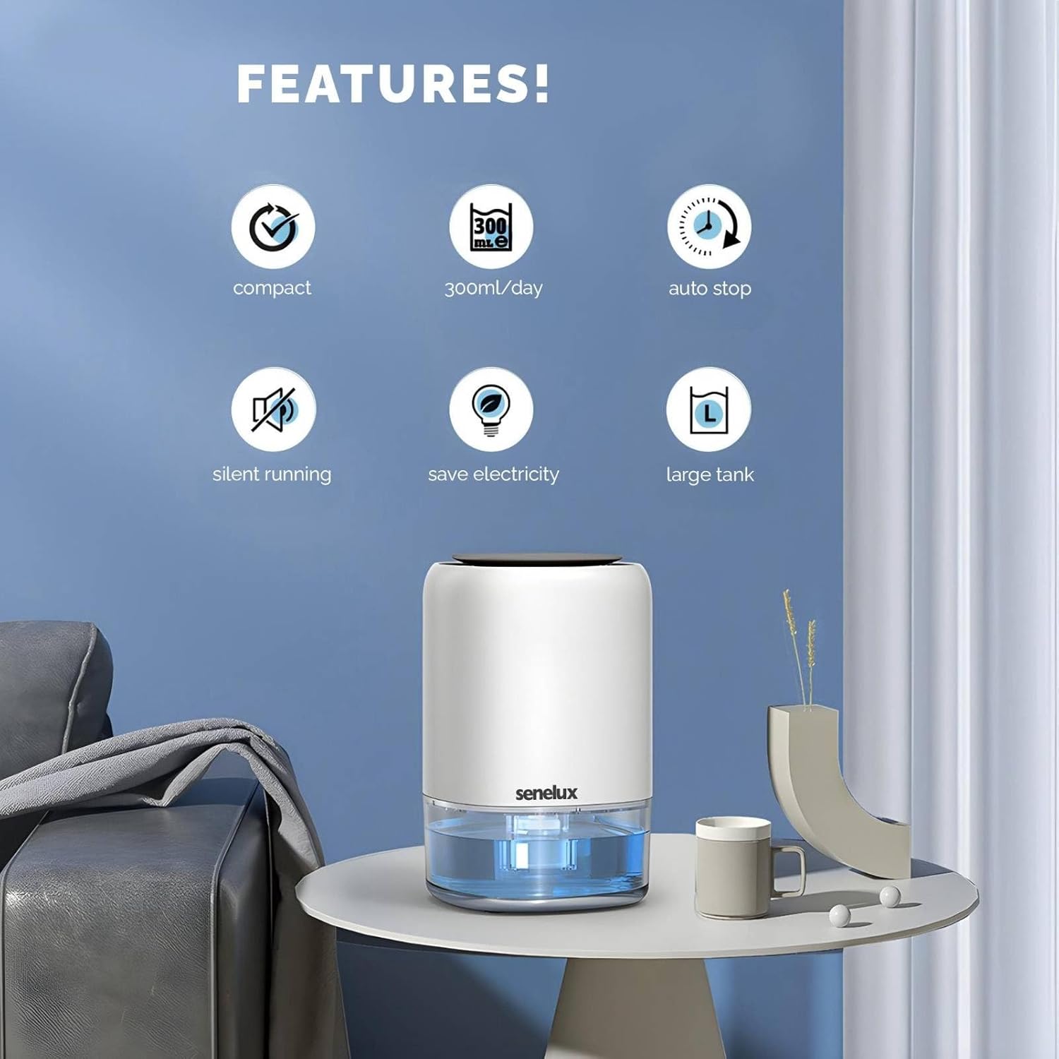 Senelux 1100ml Electric Dehumidifier for Home Damp with 7 Colorful Lights, Portable Small Dehumidifier Auto Shut Off for Drying Clothes, Bedroom, Mould, Wardrobe